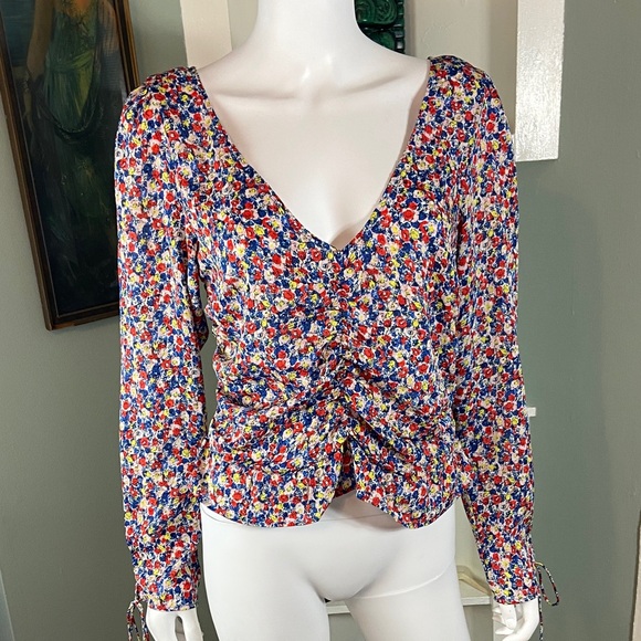 H&M Tops - H&M Peplum Floral Blouse Smocked Top Shirt Medium M Peasant Long Sleeve Ruched